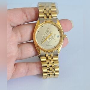 Vintage 90s BULOVA Quartz Men's Gold Masonic Thick Band Date Luxury Watch